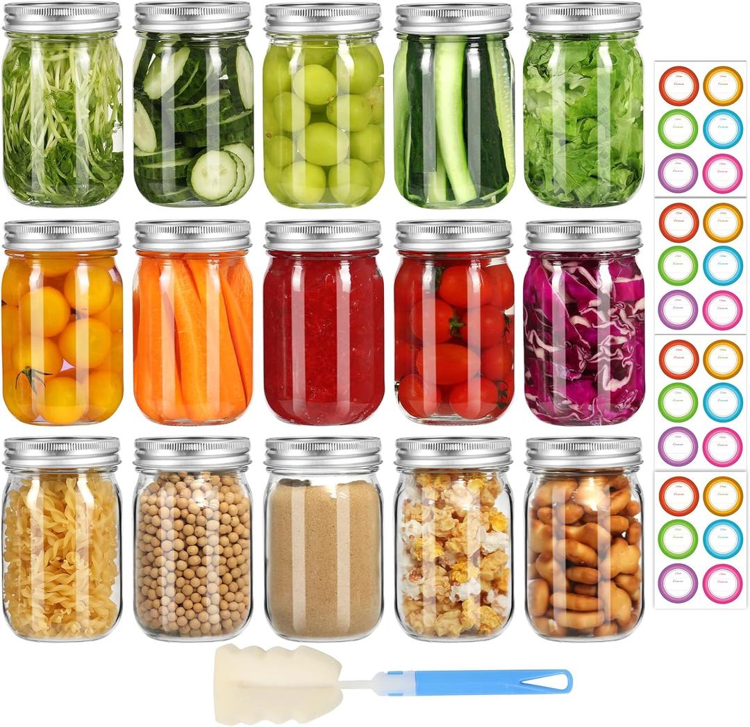 Glass Mason Jars 16 oz with Airtight Lids and Bands  15 Pack Regular Mouth Pint Canning Jars for Pickling, Meal Prep, Overnight Oats, Dry Food & DIY Crafts  Includes 24 Stickers & Brush
