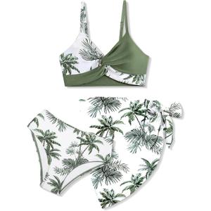 Girls Swimsuit, Bathing Suits 3 Piece Tropical Floral Twist Cross Bikini Sets Girls' Swimwear with Cover Up Skirt 7-16T (11-12, Green Palm)