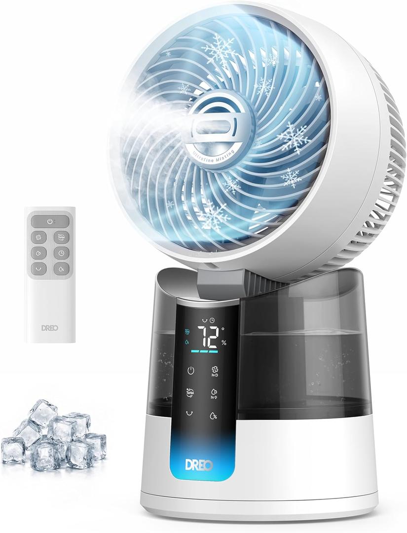 DREO TurboCool Misting Fan 516, 5 Drop Cooling Fans that Blow Cold Air, 150+30 Omni-directional Oscillating, Evaporative air cooler, 26 ft/s Wind, Ultrafine Mist, 20dB 6 Speeds 2 Modes, White