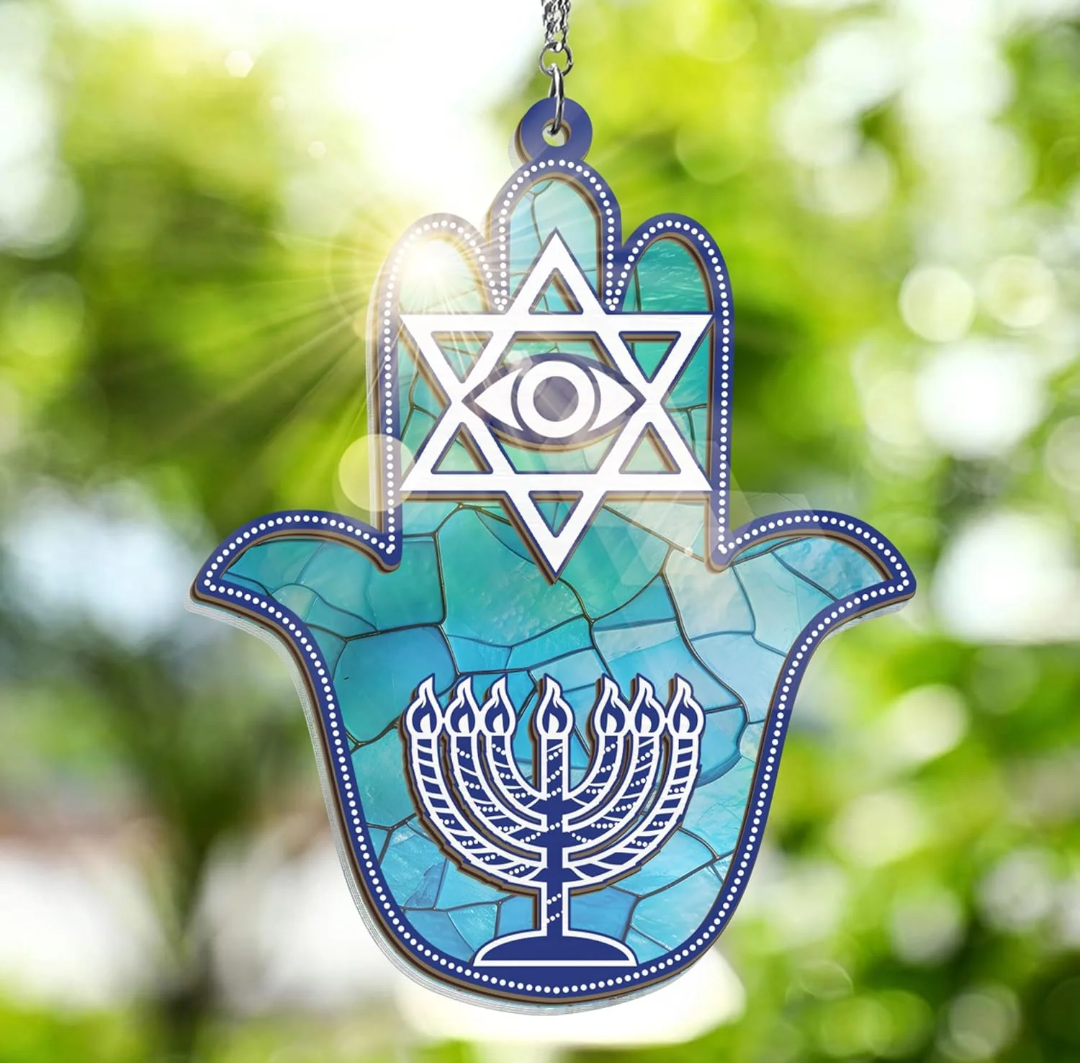 FLAGWIX Hanukkah Gifts for Women Men - Double Layered Hanging Suncatcher 6 in - Birthday Spiritual Good Luck Housewarming Gifts for Mom Dad Friends, Hamsa Hand Fatima Home Garden Decor