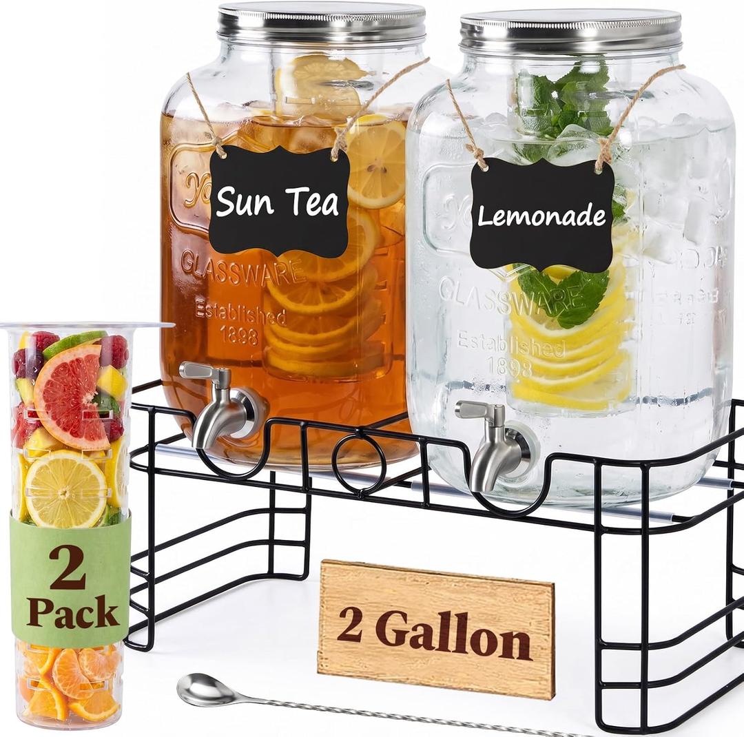 KIKCOIN 2 Gallon Glass Drink Dispensers for Parties with Stand 2 PCS (EXP 01/01/32)