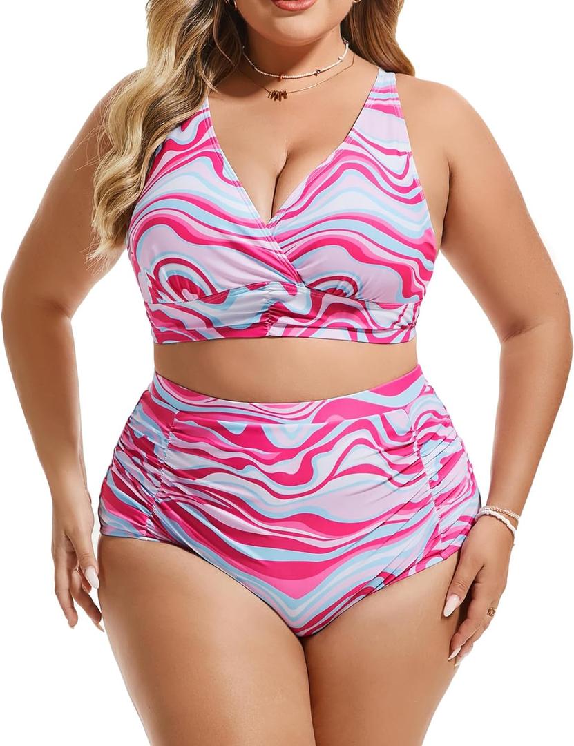 Women's Plus Size Halter V Neck Bikini Swimsuits High Waisted Ruched Tummy Control Swimwear 4XL