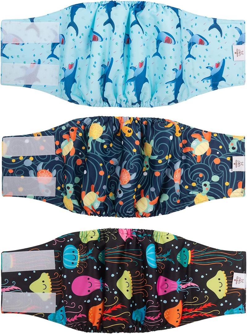 CuteBone Dog Diapers Male Washable Belly Band for Male Dogs Wraps 3pcs a Pack DM28M, Turtle&shark&jellyfish, M(14"-17")