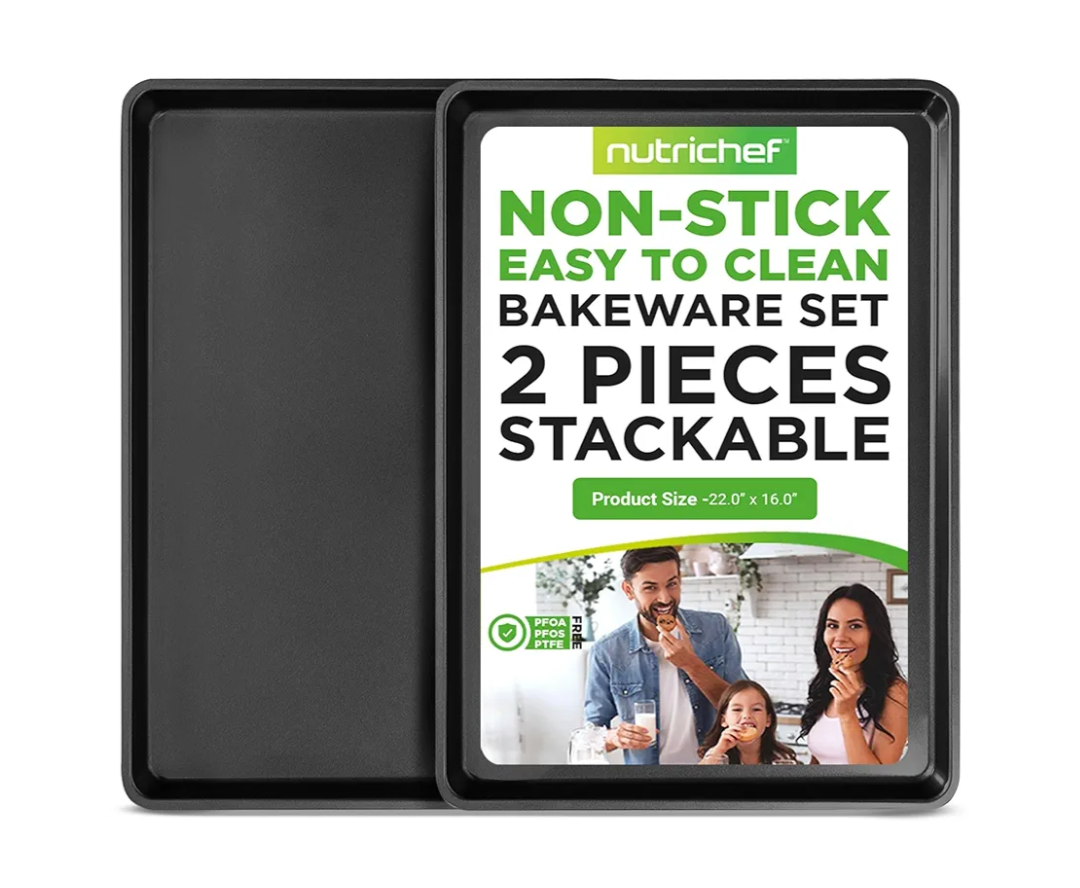 NutriChef 2-Piece XL Mega Cookie Sheet Baking Pans Set Extra Large Nonstick Carbon Steel Oven Baking Tray Pans, Stackable Bakeware, Black
