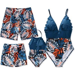 PATPAT Mommy and Me Matching SwimsuitOne Piece V Neck Bathing Suits Leaves Printed Family Swimwear Matching Set, Medium