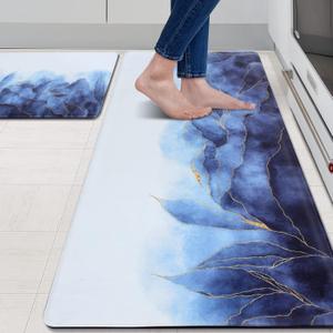 MAYHMYO Anti Fatigue Kitchen Mat - Set of 2 - Blue and Gold Design Comfort Mats - Cushioned, Non Slip Floor Mat (29"L x 17.3"W x 0.4"Th + 47"L x 17.3"W x 0.4"Th)