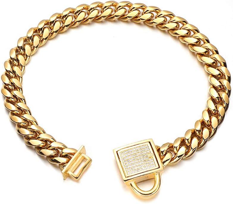 Gold Dog Chain Collar 10mm Wide Cuban Link Puppy Collar 316L Stainless Steel with CZ Diamond Lock Bling Collar for Large Dogs(10mm Gold,20inch)