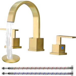 KINGO HOME Gold Bathroom Faucet, Brushed Gold Faucets Bathroom 3 Hole 8inch Widespread Waterfall 2 Handle Brass Faucets Bath Sink Vanity Faucet with Pop Up Drain and Supply Lines KINGO HOME Gold Bathroom Faucet, Brushed Gold Faucets Bathroom 3 Hole 8inch Widespread Waterfall 2 Handle Brass Faucets Bath Sink Vanity Faucet with Pop Up Drain and Supply Lines