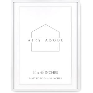 Airy Abode Premium White Wood Picture Frame 30x40 Matted to 24x36 - Pick Your Size and Color