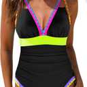 popvil One Piece Swimsuit Women 2025 Neon Color Block Contrast Cross Strap Bathing Suit Modest Cute Swim Suits (Large, Yellow Black)