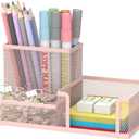 SUPEASY Mesh Pen Holder Desk Organizer, Office Supplies Pencil Storage with 3 Compartments, Office Desk Accessories and Workspace Organizers for Home School Classroom, Pink