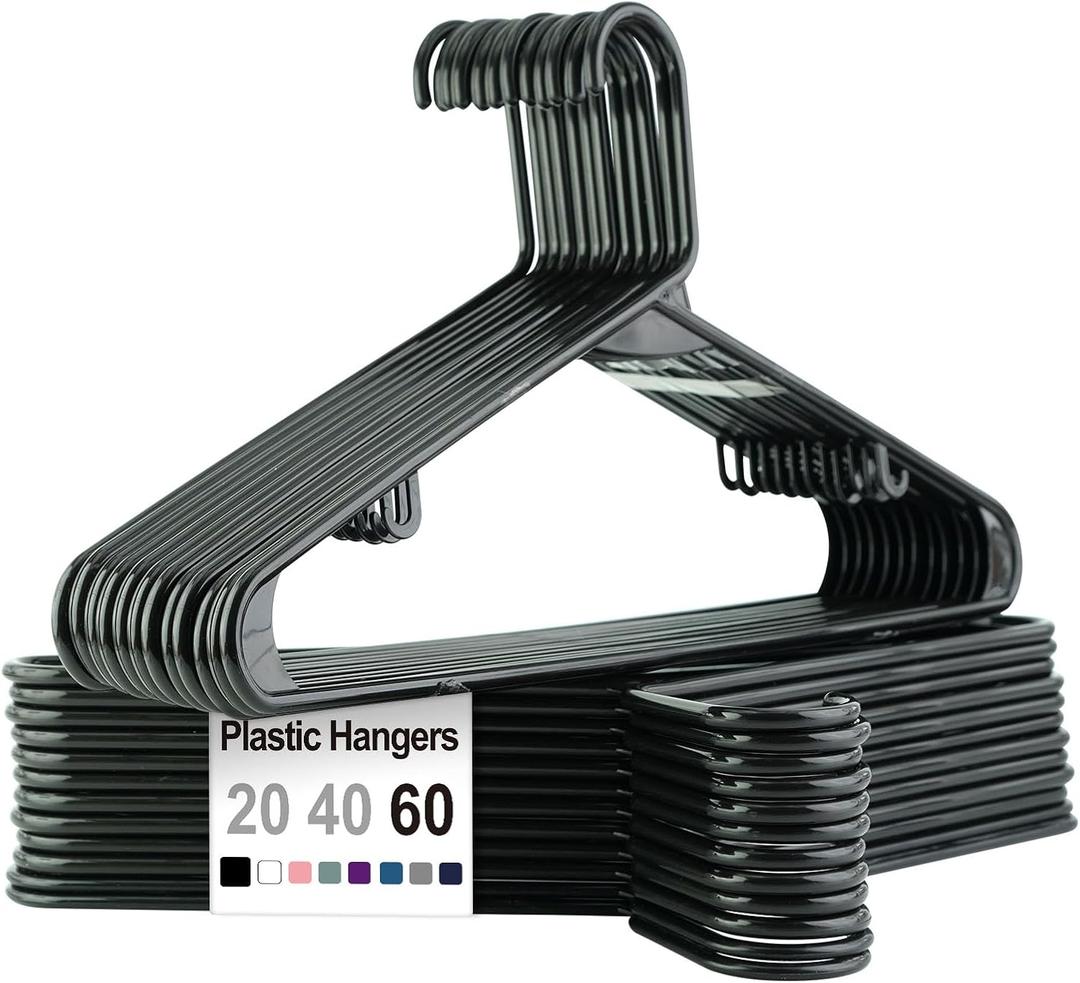 Plastic Hangers Without Notches 20 Pack - Space Saving, Sturdy with Built-in 2 Hooks for Closet Organization (Black)