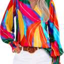 MASCOMODA Womens V Neck Floral Long Sleeve Tops 2025 Summer Casual Loose Puff Sleeve Chiffon Boho Work Blouse Dressy T Shirts (M)