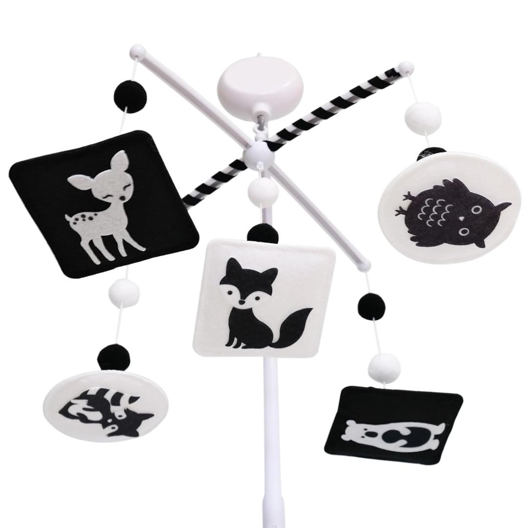 Montessori Mobile, Black and White Mobile for Baby with Music Box - Woodland Baby Crib Mobile for Boys Girls, High Contrast Baby Mobile for Crib with Bear, Deer, Fox, Owl & Raccoon