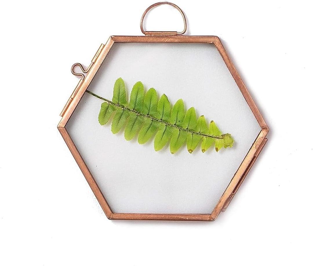 NCYP Hanging Small Rose Gold Hexagon Herbarium, Side Length 1.9 inches Handmade Copper Floating Frame for Pressed Dried Flowers Plants, Double Glass, Wall Decor, Glass Frame Only