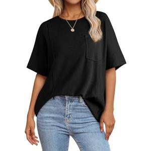 Acelitt Womens Oversized T Shirts Loose Fit Crewneck Short Sleeve Waffle Knit Tops Summer Casual Blouse 2025 Basic Tee Going Out Workout Outfits Black X Large