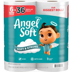 Angel Soft Toilet Paper, 6 Super Mega Rolls = 36 Regular Rolls, Soft and Strong Toilet Tissue (480 sheet (Pack of 6))