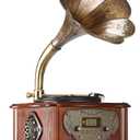 Record Player Retro Turntable All in One Vintage Phonograph Nostalgic Gramophone for LP with Copper Horn, Built-in Speaker 3.5mm Aux-in/USB