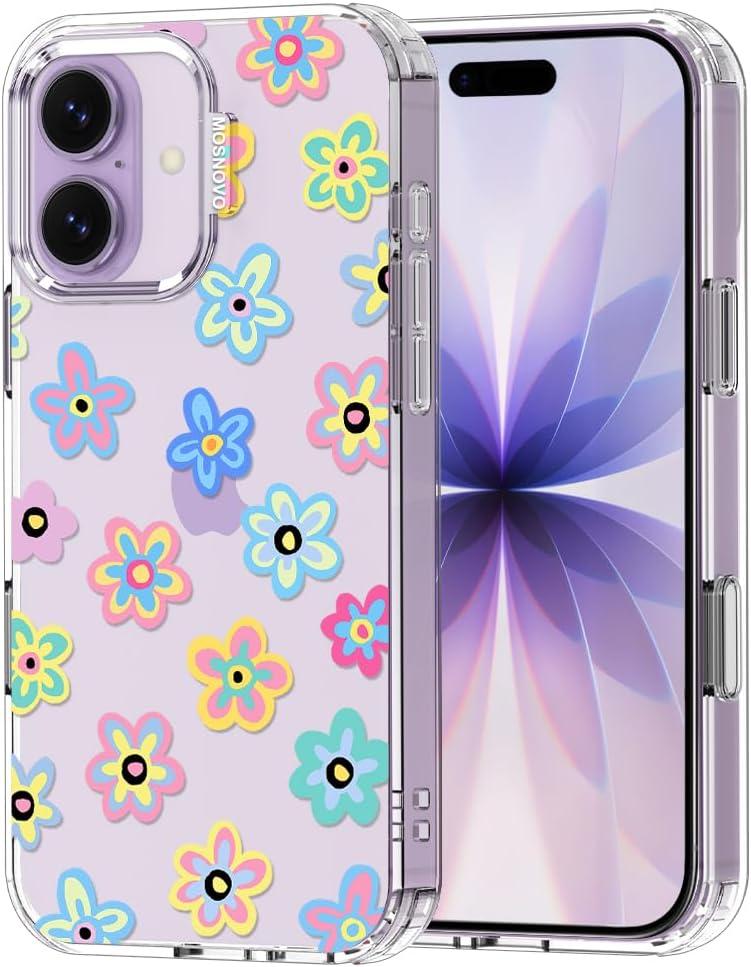 MOSNOVO for iPhone 17 Case | Military Grade 6.6ft Drop Tested | Camera Control | Clear with Groovy Flower Design