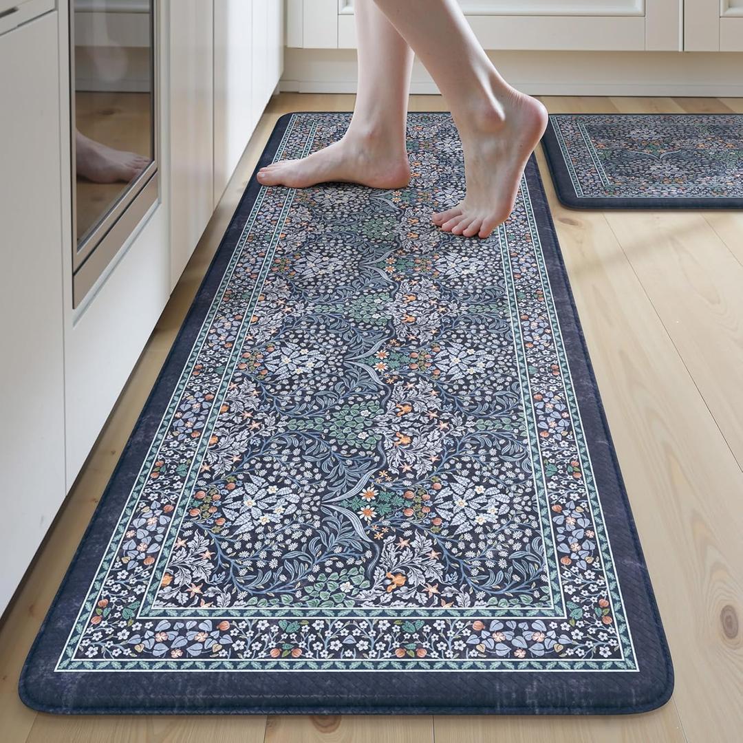 Collive Anti Fatigue Kitchen Mats, Cushioned Kitchen Rugs Set of 2 Waterproof Non Slip Desk Mat, Comfort Standing Rug Dark Blue Floral Carpet for Office, Sink, Laundry, 17.3"x29"+17.3"x47"