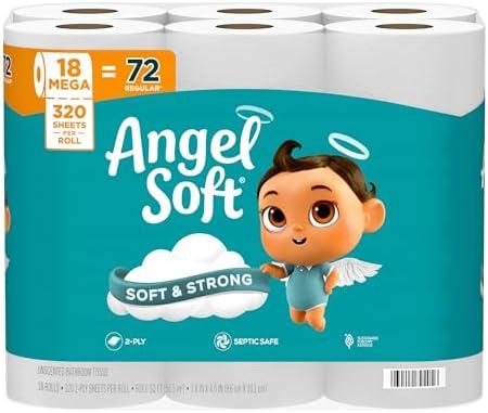 Angel Soft Toilet Paper, 18 Mega Rolls = 72 Regular Rolls, Soft and Strong Toilet Tissue, 6 Pcs