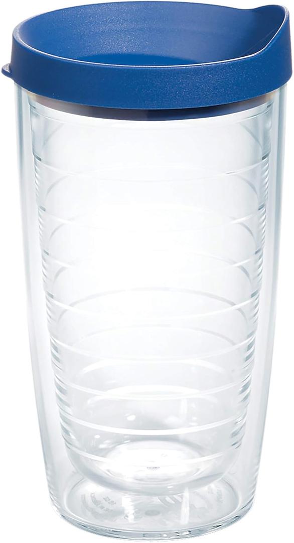 Tervis Clear & Colorful Lidded Made in USA Double Walled Insulated Tumbler Travel Cup Keeps Drinks Cold & Hot, 16oz, Blue Lid