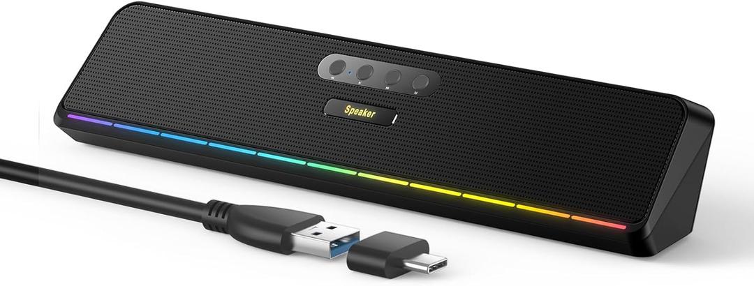 Desktop Computer Speakers for Laptop Tablet, Wired USB Mini Sound Bar Speaker with Stereo Sound, Vibrating Diaphragms, Flowing LED, Plug-n-Play PC Speakers Computer Sound Bar, Bluetooth & USB Input