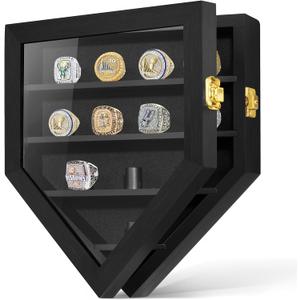 Championship Ring Display Case, 12 Ring Posts Sports Ring Display Case Wooden Shadow Box for Baseball Basketball Football Softball Award Rings Fan Souvenirs