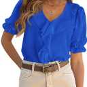 PRETTYGARDEN Women's Summer Dressy Casual Blouses 2026 Short Sleeve V Neck Ruffle Business Work Tops Trendy Spring Outfits (Blue, S)