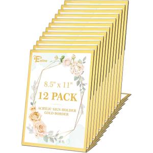 EHWINE 12 Pack Acrylic Sign Holder 8.5 x 11, Gold Picture Frame Stand up Table Top Sign Holders, Slanted Back Paper Holder Clear Display Stand Menu Flyer Holder for Wedding Party