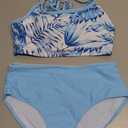 Girls Swimsuit Two Piece Double Straps Sporty Bathing Suit High Waisted Bikini Tropical Floral Swimwear 9-16Y (13-14 Years, Light Blue)