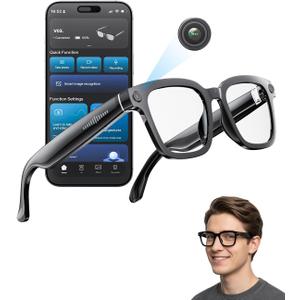 2026 AI Smart Glasses with Camera and Bluetooth, 8MP 32GB 1200P HD Camera Glasses Supports Photo/Video/Audio Recording, Real-Time Translation, Voice Assistant, Object Recognition for Life Work Vlog (Black frame + Blue light lens)