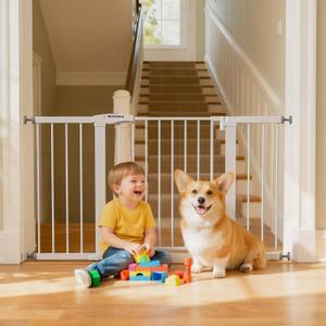 Mumeasy 29.7–51 Inch Extra Wide Baby Gate for Stairs, Extra Long Indoor Dog Gate for Doorways, Pressure Mounted Walk Thru Child Gate with Auto-Close, No-Drill Safety Pet Gate with Door for House,White