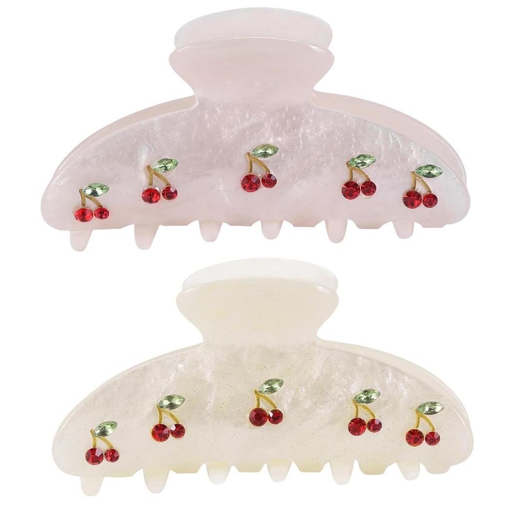 2PCS Cherry Hair Clips for Women Girls  Kawaii Fruit Medium Unique Claw clips, Trendy Handmade Look Acetate Hair Accessories for Thin Hair