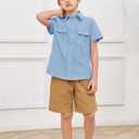 Makkrom Boys Button Down Short Sleeve Linen Shirts Casual Summer Beach Lapel Collar Top Shirts Blue (Blue)