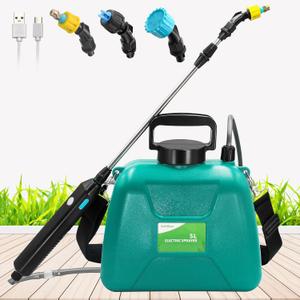 1.35 Gallon/5L Battery Powered Electric Sprayer with USB Rechargeable Handle, Portable Garden Sprayer with 23.6" Telescopic Wand, 3 Mist Nozzles and Adjustable Shoulder Strap (Green)