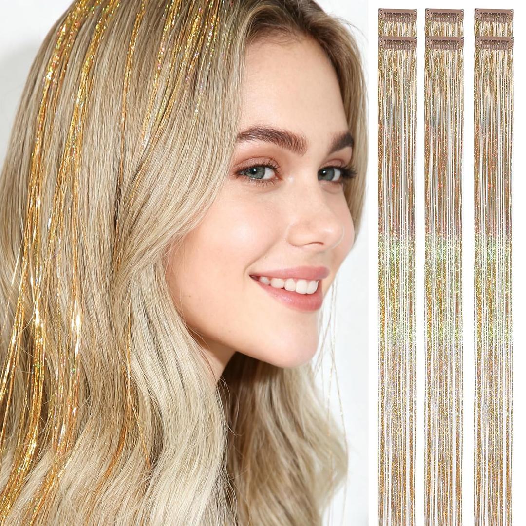 Clip in Hair Tinsel,6 Packs Champagne Gold, 24 Inch Trimmable, 75 Strands per Clip, Heat Resistant, Luxe Glitter Hair Strands for Bridal & Party Looks (02-Champagne Gold, 24 Inches 6 Pcs)