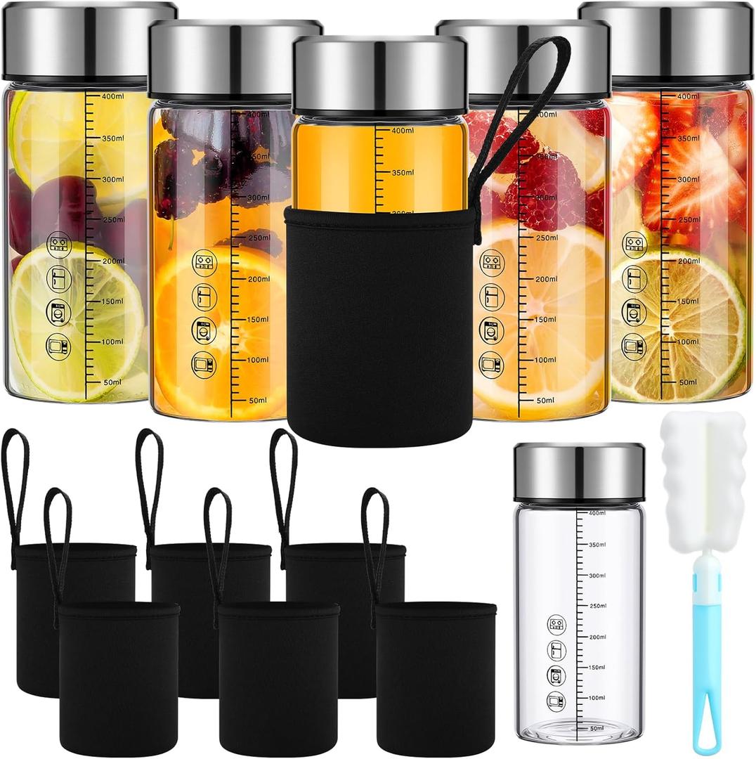 Vesici 6 Pack Wide Mouth Glass Juice Bottles Glass Water Bottles with Lids and Sleeve for Juicing Smoothies Milk Protein Infused Water Reusable Leakproof Borosilicate Bottle(12 oz)