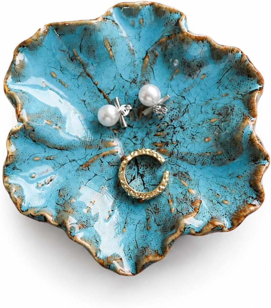 3 x Gifts For Women Flower Shape Decorative Ring Tray, Small Key Bowl, Ceramic Trinket Tray,Bathroom Room Decor Trinket Dish Valentine's Friendship Christmas Birthday Gifts for Women (Petals Blue)