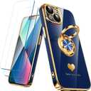 Compatible for iPhone 13 Case with 2 Pack Screen Protector, 360 Rotatable Ring Holder [Luxury Hearts Pattern] Plating Gold Edge Slim Soft Phone Cover Case for iPhone 13 - Blue