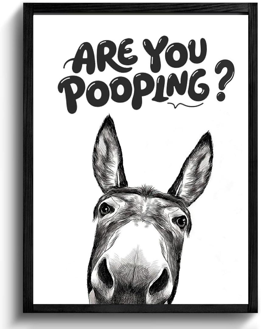 Framed Bathroom Picture Wall Decor, Black and White Donkey Wall Art, Waterproof Black Framed Animals Abstract Prints for Restroom Decoration for Restroom Decoration 12x16 inch (Black Framed Donkey, 12'' x16'')