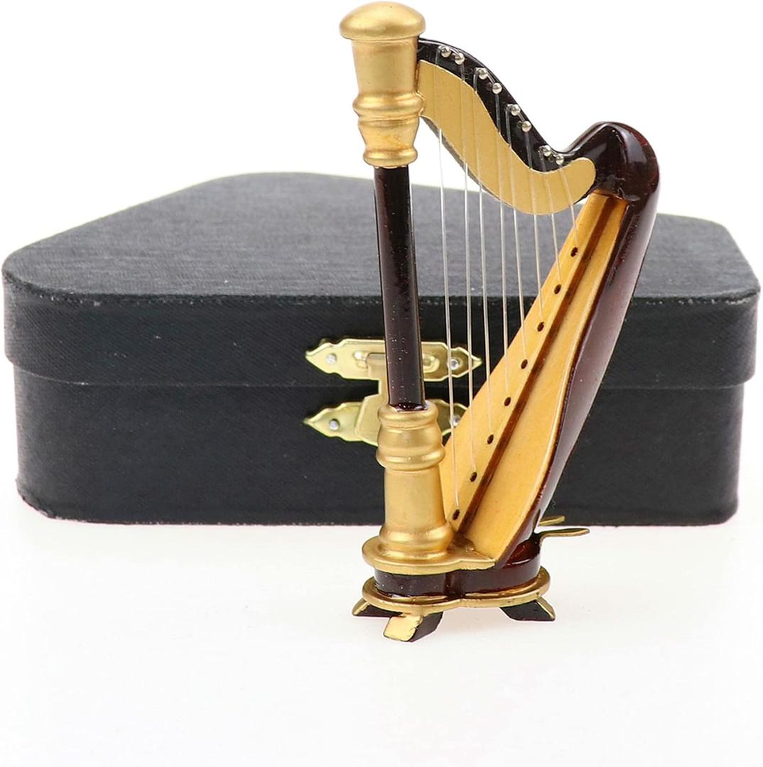 Wooden Miniature Harp with Case Mini Musical Instrument Harp Replica Collectible Figurines Dollhouse Accessories Model Home Decoration Display Ornament (3.54"x1.97"x0.91")