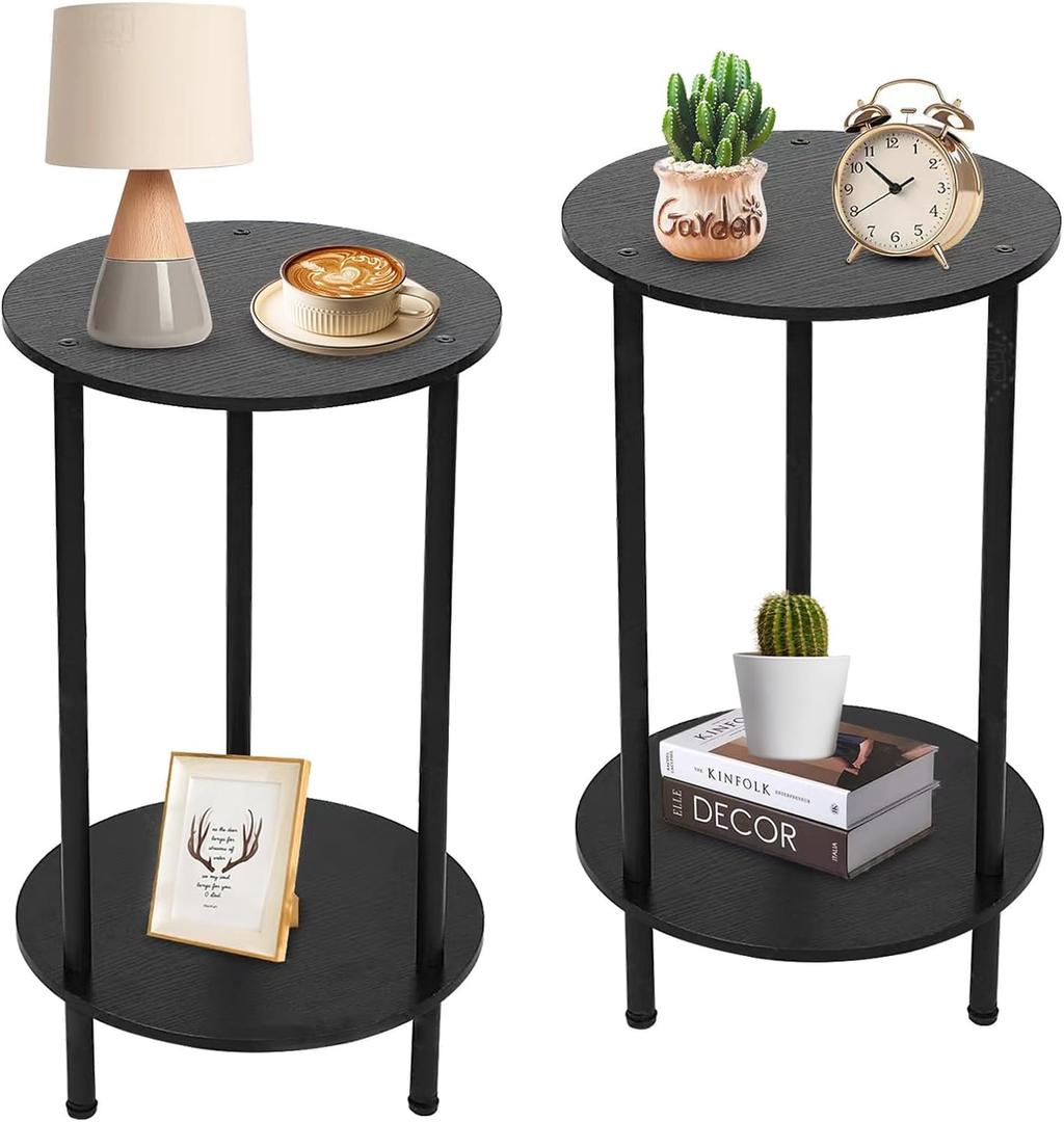 Small Round Side Table, Side Tables Living Room, Bedside Table Set of 2, Black End Table for Bedrooms, Small Side Table for Small Spaces, 2 Tiers Modern Side Table with Storage Shelf, Easy to Assemble (Black)