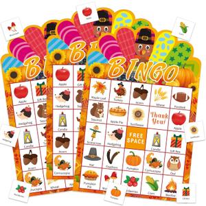 JUESMOS Thanksgiving Bingo Game for Kids Adults Fall Thanksgiving Games Bingo Cards 24 Players Turkey Bingos Games Cards Thanksgivings Game Supplies for School Classroom Family Activities Party Favors