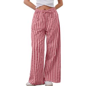 MISSACTIVER Women Drawstring Striped Pants Loose Wide Leg Trousers Casual Low Waist Pants Comfy Lounge Pants with Pockets (Small, Rose Pink)