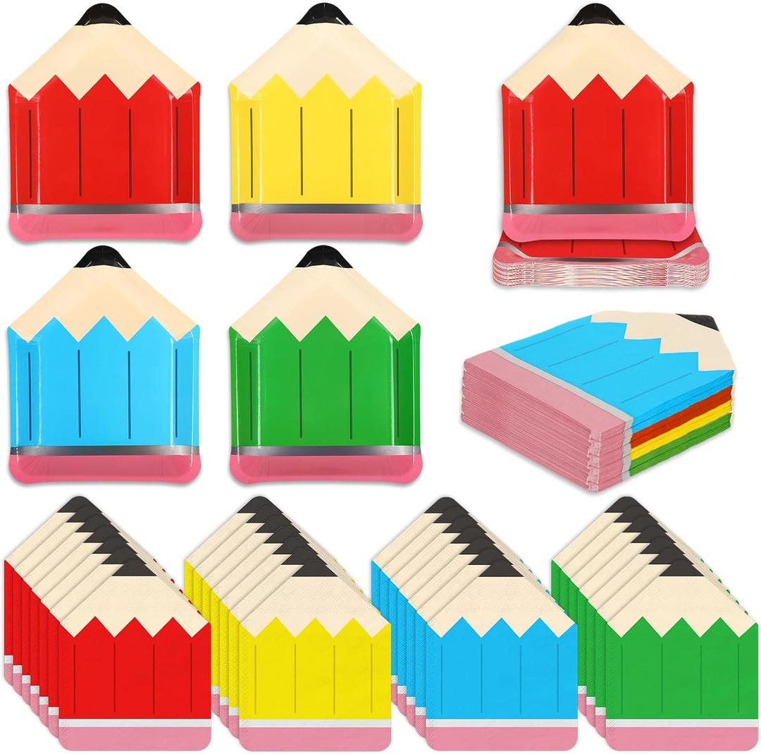 3 x 96Pcs Back to School Pencil Paper Plates and Napkins 4 Colors Pencil Shaped Tableware Set for First Day of School Graduation Kindergarten Party Supplies, Serves 48