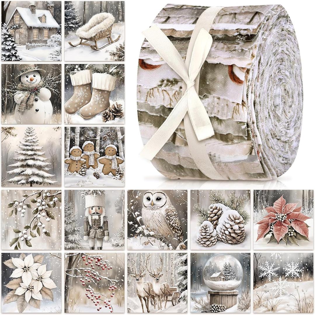 Ganeen 100 Pcs Beige Winter Quilting Fabric Roll Neutral Christmas 2.56 Inch Fabric Strips Jelly Patchwork Reindeer Snowman Nutcracker Precut Square Bundle for Xmas Handmade Material Craft DIY Sewing