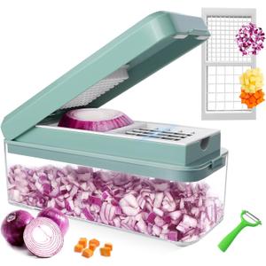Vegetable Chopper, Onion Dicer, Mandoline Slicer, Food Chopper with Container, Vegetable Cutter for Salad Potato Carrot Garlic2 Blades, Blue White