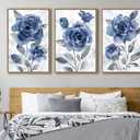 Large Framed Canvas Wall Art - Natural Float Framed Modern Indigo Flowers Pictures Decor Dark Blue Floral Grey Leaves Artwork for Bedroom Living Room Kitchen Home Office Decoration 72" X 36" Set of 3, 24" X 36" X 3pieces Framed