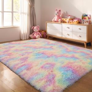 5x8 Rainbow Shaggy Unicorn Kids Rug for Girls Bedroom, Fluffy Fuzzy Soft Shag Princess Area Rugs for Living Room, Pastel Plush Washable NonSlip Carpet for Nursery, Teens Boys Dorm Toddler Room